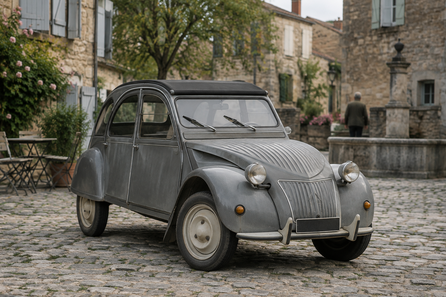 Grey Citroën 2CV electric revival with corrugated bonnet and canvas roof, parked in a French village square