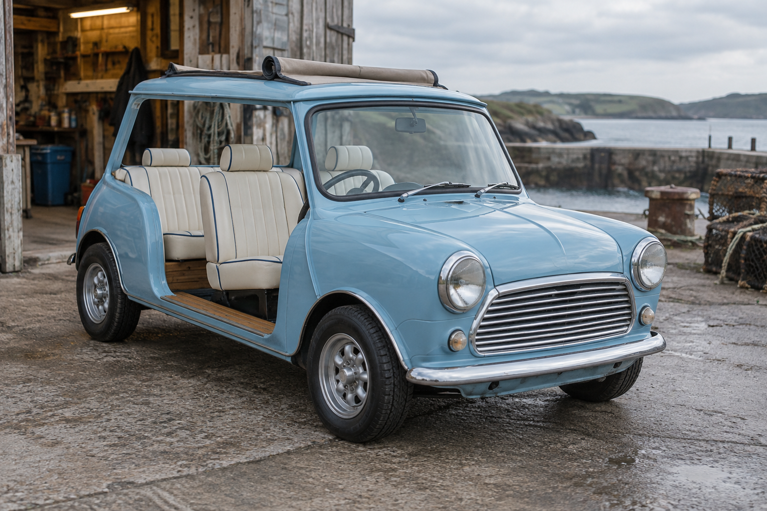 Surf Blue Crayford Mini Mojito beach car, based on a late-20th-century Mini, parked outside a coastal workshop.