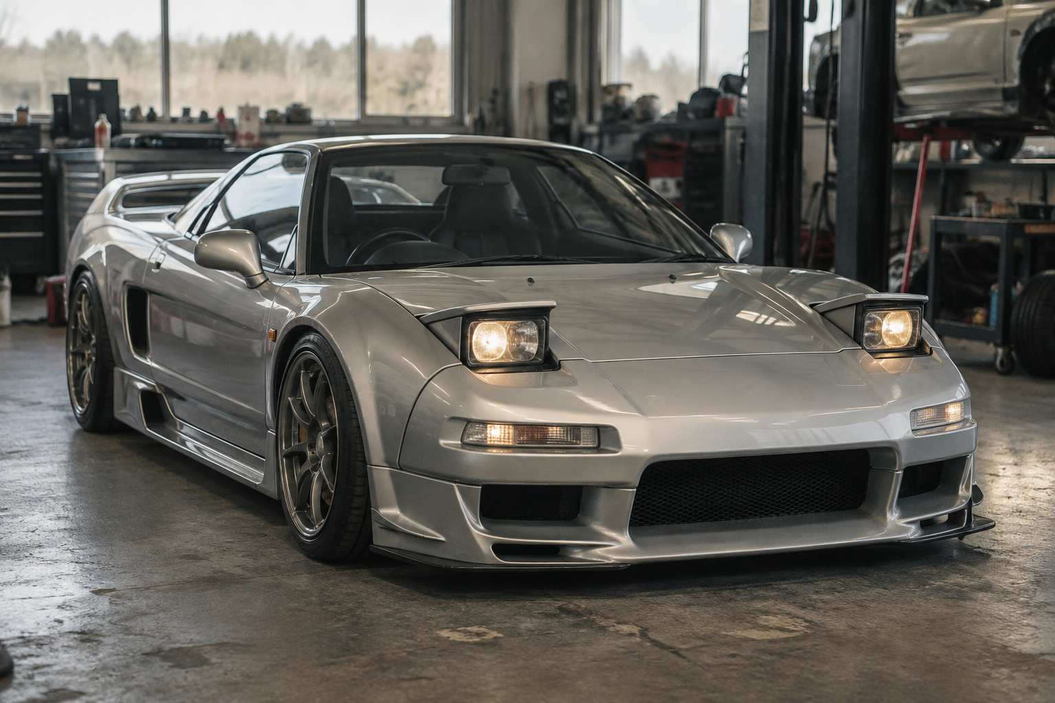 Silver JAS Tensei Honda NSX restomod, based on the 1990s coupé, awaiting inspection in a clean motorsport workshop.