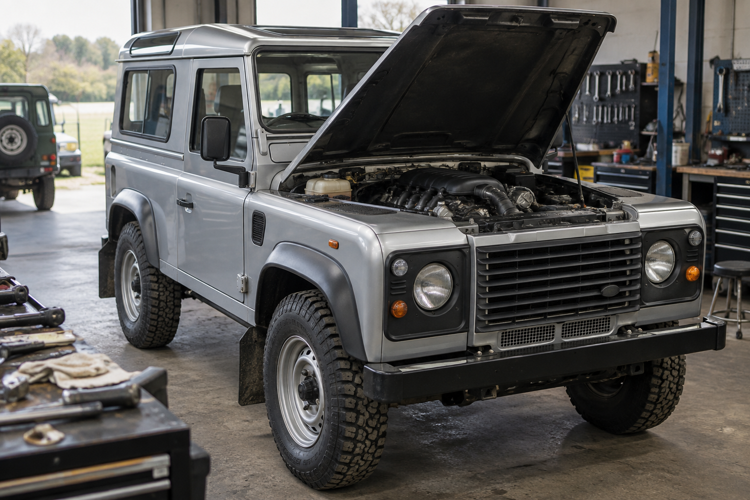 Silver 2014 Land Rover Defender 90 station wagon with its bonnet raised during a Works V8 conversion workshop inspection.